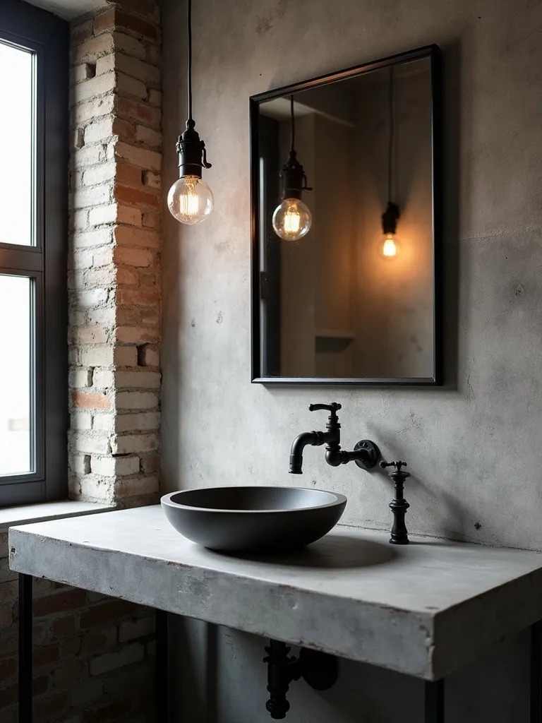 An industrial bathroom featuring a rectangular mirror with a thick black iron frame above a concrete vanity.