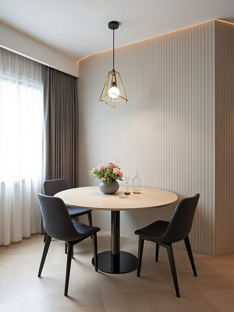 Modern small dining room with vertical stripes on an accent wall to enhance height.