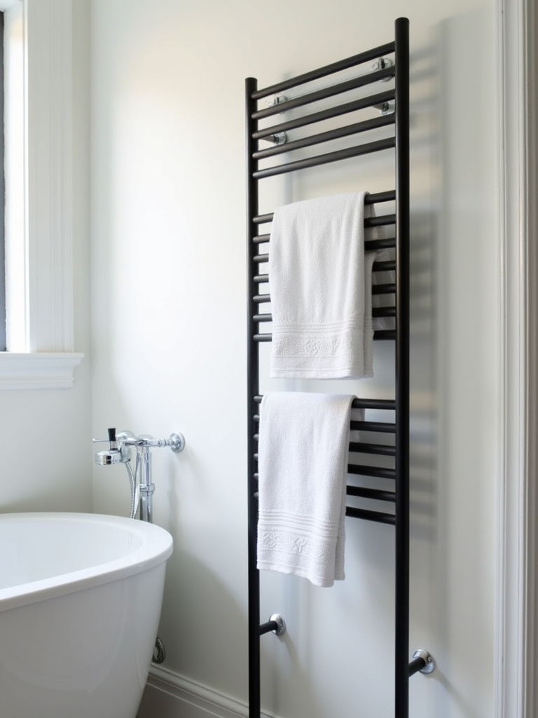 Small bathroom featuring a black metal towel ladder providing slim and stylish towel storage.