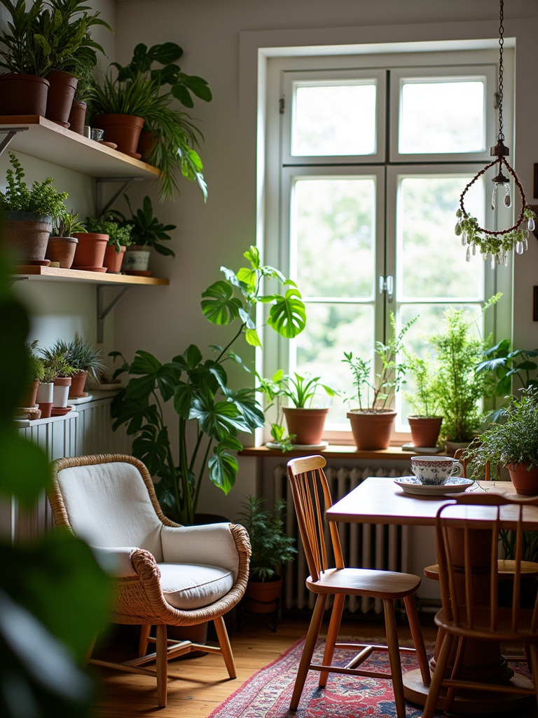 Bohemian style small dining room with various indoor plants adding greenery.