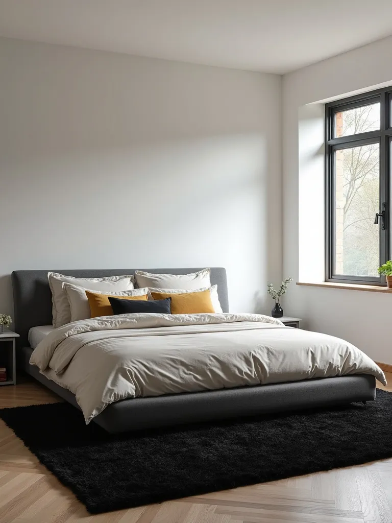 Modern minimalist bedroom featuring a large black area rug grounding a king-sized bed, illuminated by natural daylight.