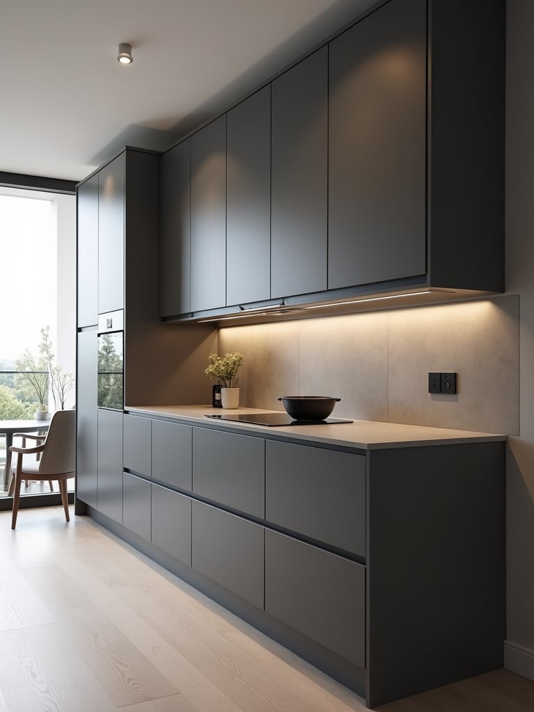 Contemporary kitchen with sleek dark grey handleless cabinets