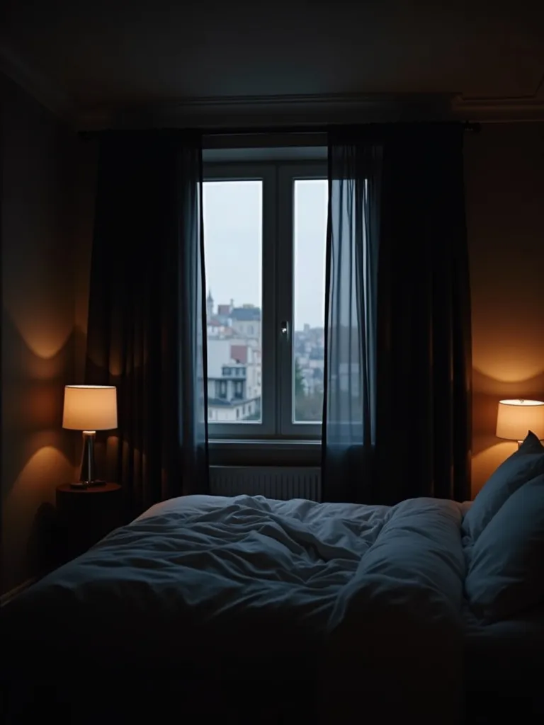Moody bedroom with floor-to-ceiling black blackout curtains completely drawn, creating a dark and cozy space.