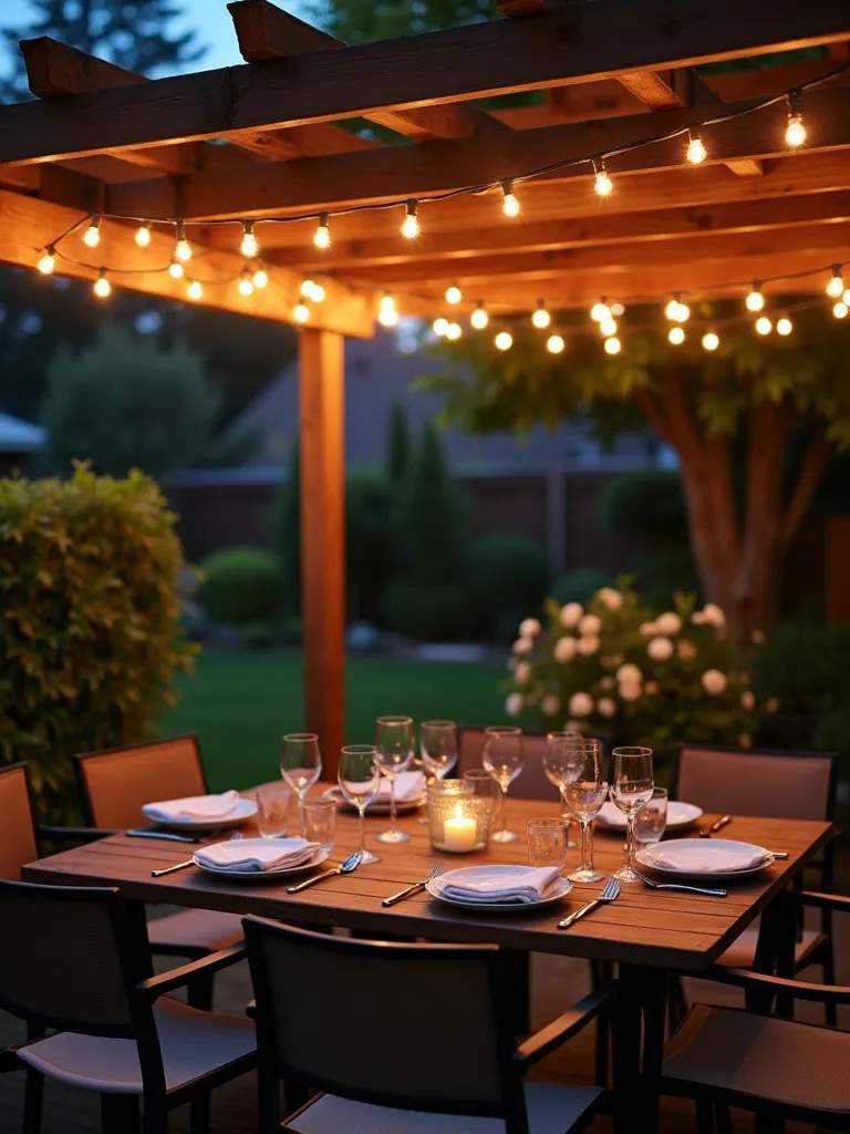 Twinkling string lights illuminating a pergola and outdoor dining area at twilight.