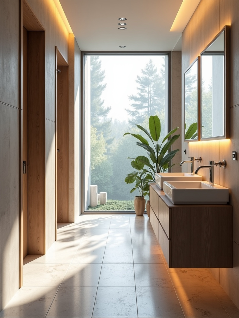 A luxury bathroom showcasing heated flooring with light reflecting off the polished tile floor
