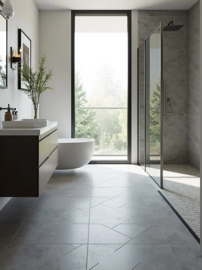 Modern bathroom floor with grey rectangular tiles arranged in a classic herringbone pattern, adding visual dynamism.