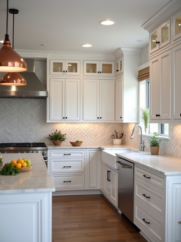 Warmly lit kitchen showcasing a light grey herringbone tile backsplash, complemented by white cabinets and marble countertops