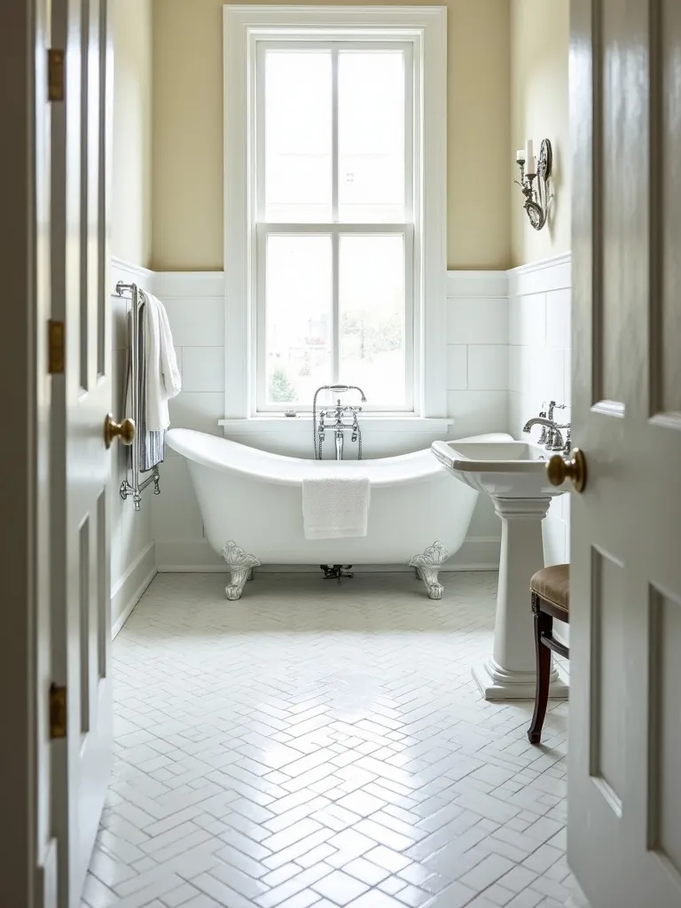 Elegant bathroom with white subway tile herringbone floor, clawfoot tub, and pedestal sink.