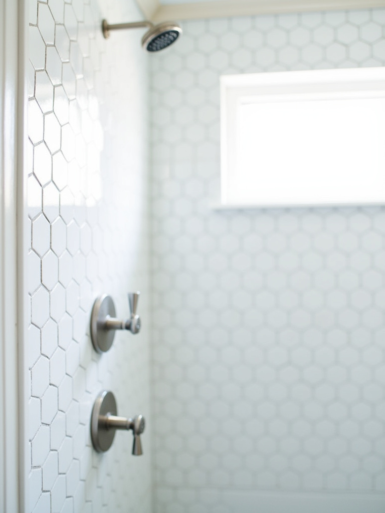 A modern bathroom shower wall featuring white hexagonal subway tiles with light grey grout, illuminated by bright natural light.