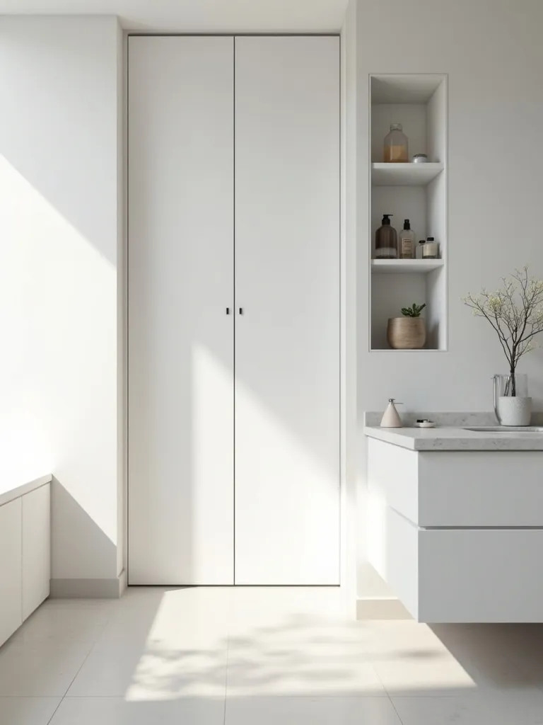 Minimalist bathroom featuring sleek hidden storage solutions.
