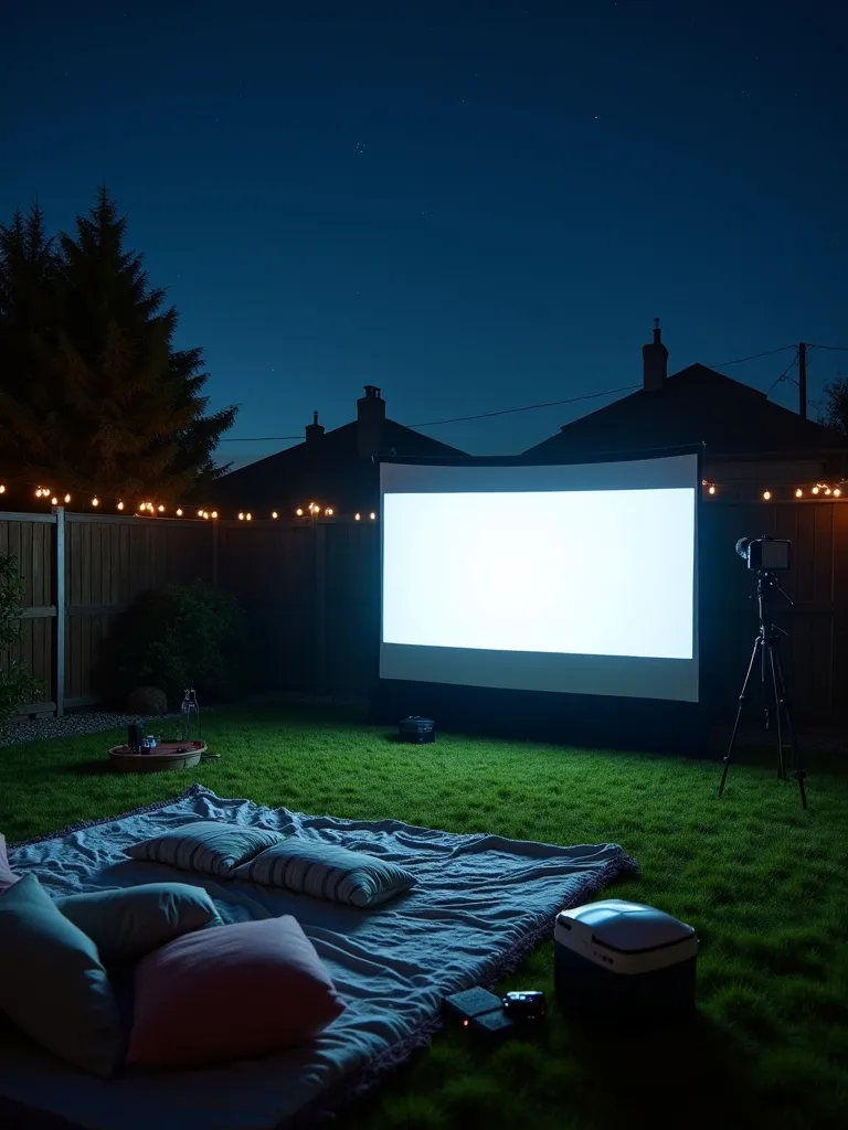 Outdoor movie night setup with a projector and sheet in a backyard at night.