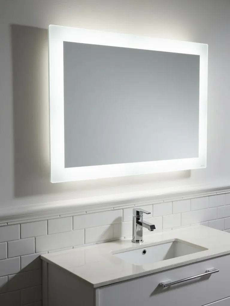 A modern bathroom featuring a rectangular LED mirror with front lighting illuminating the vanity area.
