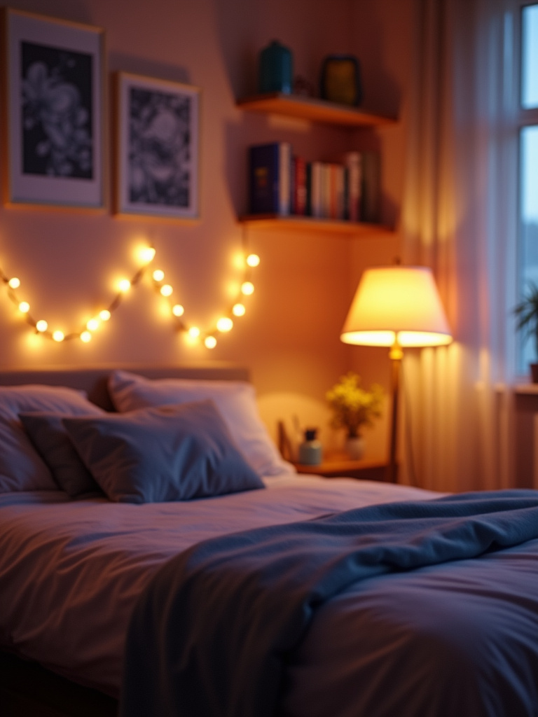 Teenage bedroom illuminated with trendy string lights around the bed and a statement floor lamp, creating a warm and inviting atmosphere.