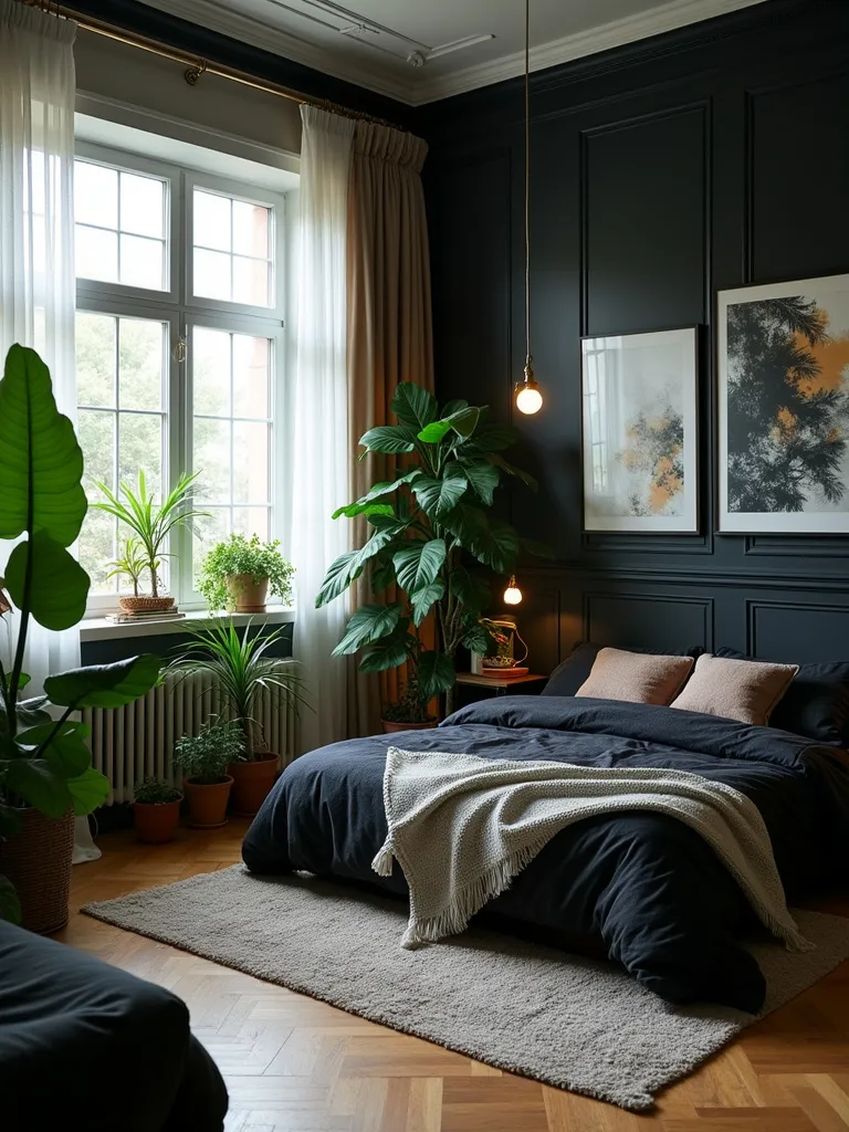 Fresh and airy black bedroom decor enhanced by various potted green plants, bathed in soft daylight filtering through sheer curtains.