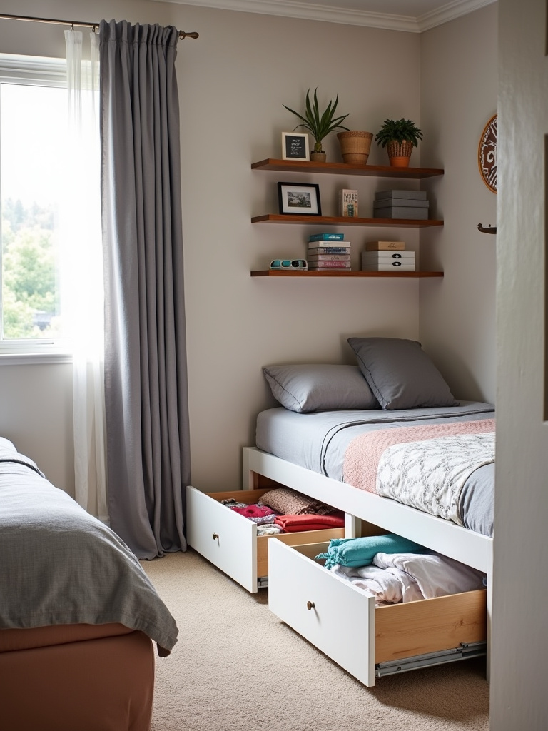 Teenage bedroom featuring smart storage solutions including under-bed drawers, wall-mounted shelves, and a built-in closet organizer, showcasing an organized and clutter-free space.