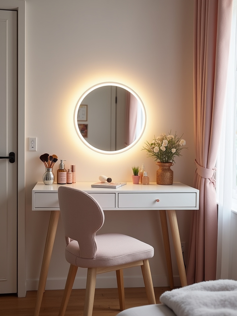 Teenage bedroom featuring a vanity area with a lighted mirror, vanity table, organized makeup and skincare products, and a comfortable vanity chair.