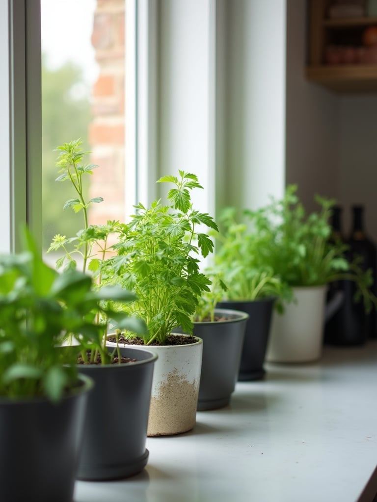 Contemporary kitchen windowsill herb garden with fresh herbs growing in pots