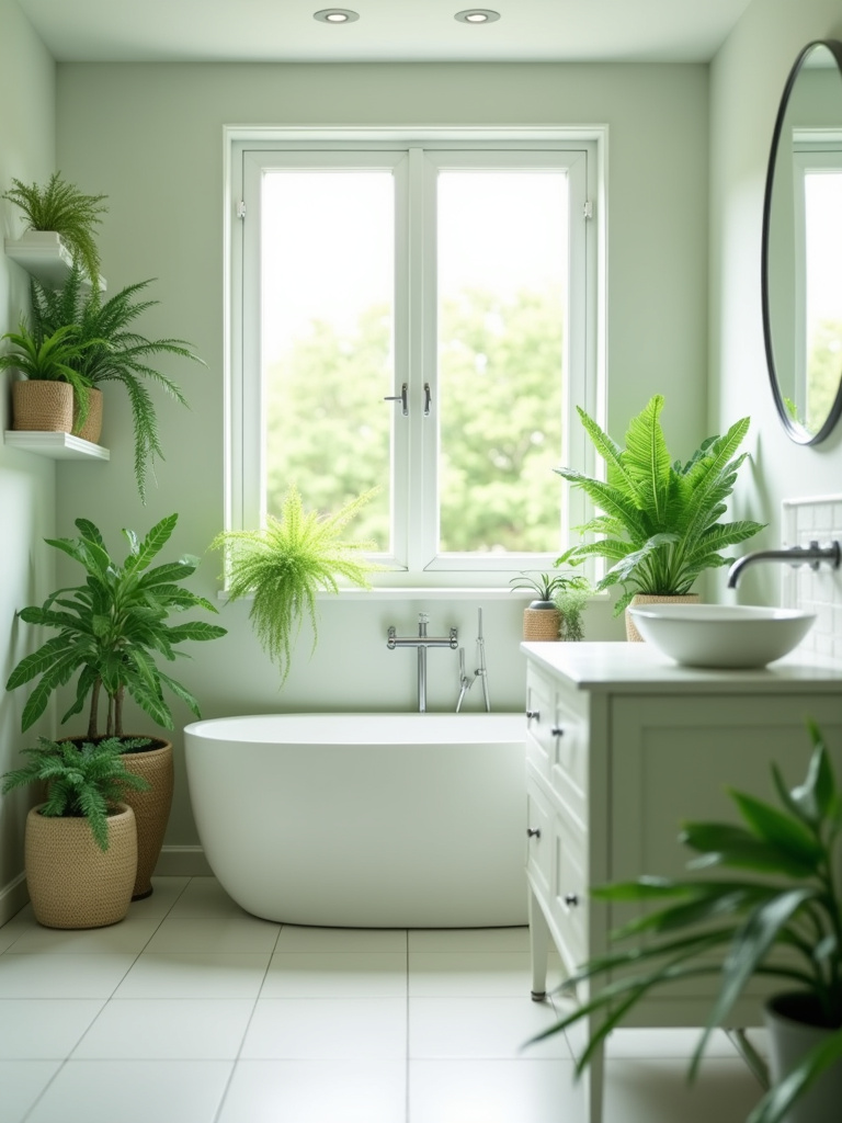 “A serene small bathroom enhanced with indoor plants, creating a spa-like and natural ambiance.”