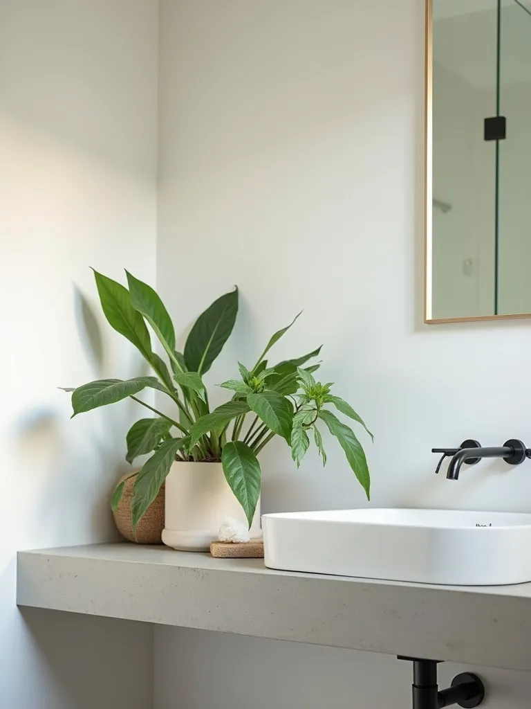 Minimalist bathroom with potted plant.