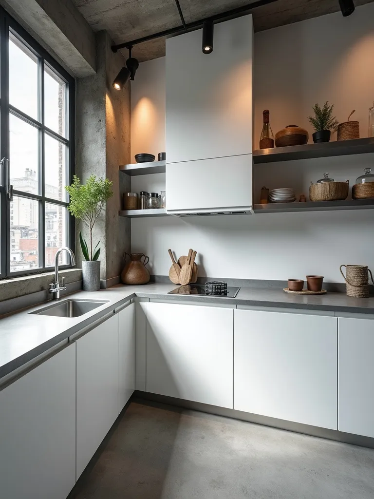 Urban loft kitchen featuring white flat-panel cabinets and cool, industrial chic polished concrete countertops.