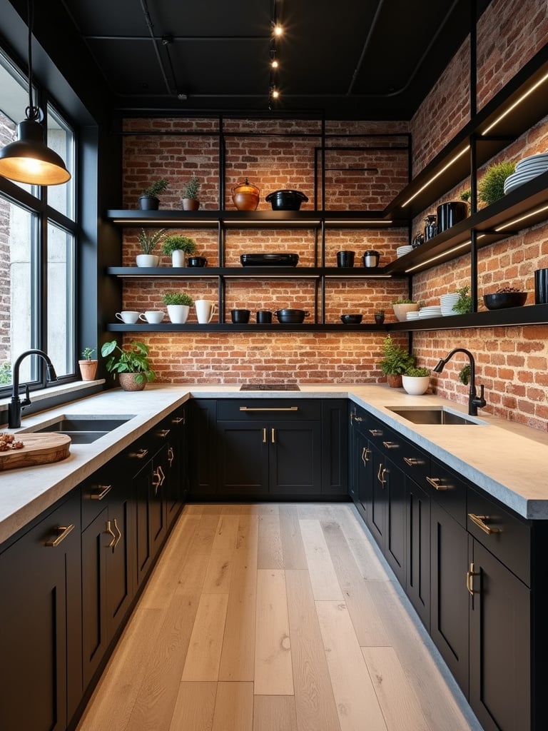 Modern kitchen featuring industrial elements like exposed brick, metal shelving, and concrete countertops