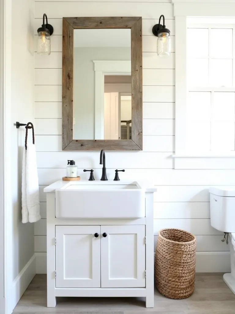 A farmhouse bathroom featuring a rectangular mirror with a rustic reclaimed wood frame above a white farmhouse vanity.