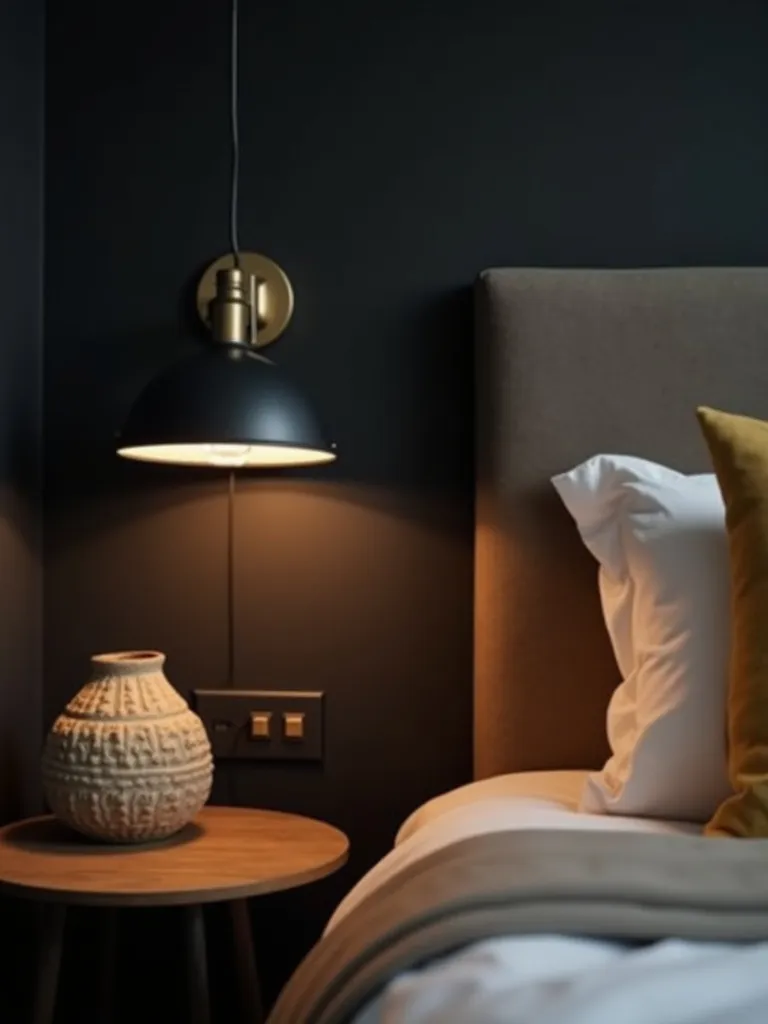 Detail shot of black wall sconces mounted on a black accent wall, providing soft warm ambient lighting in a bedroom.