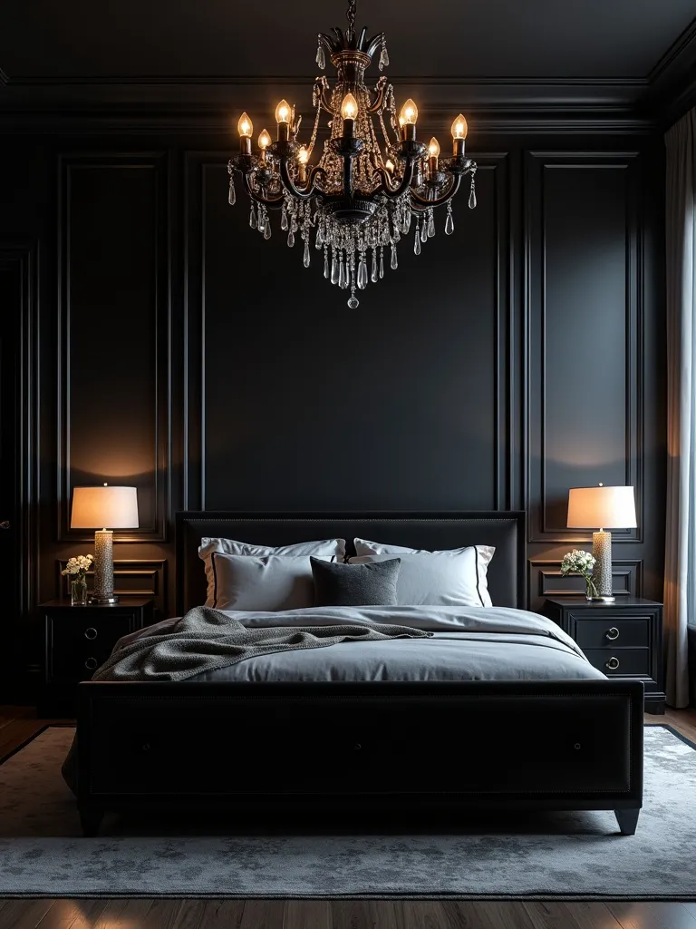Elegant and sophisticated black bedroom featuring a black crystal chandelier as a central lighting element, illuminated by soft bedside lamps.