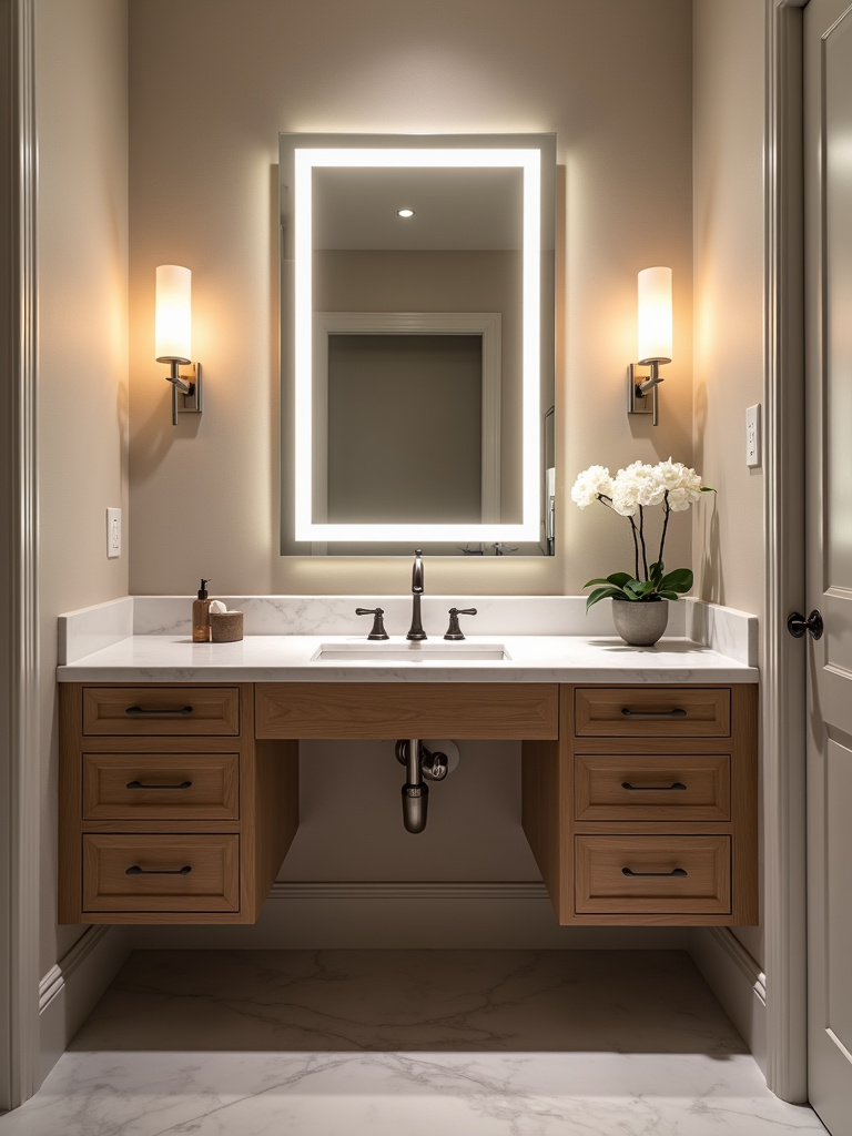 A luxury bathroom featuring an integrated make up vanity.