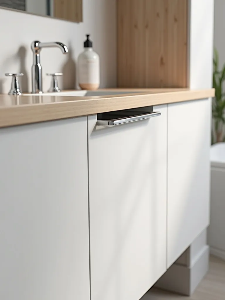 Minimalist bathroom vanity panel with integrated towel bar for space saving solutions.