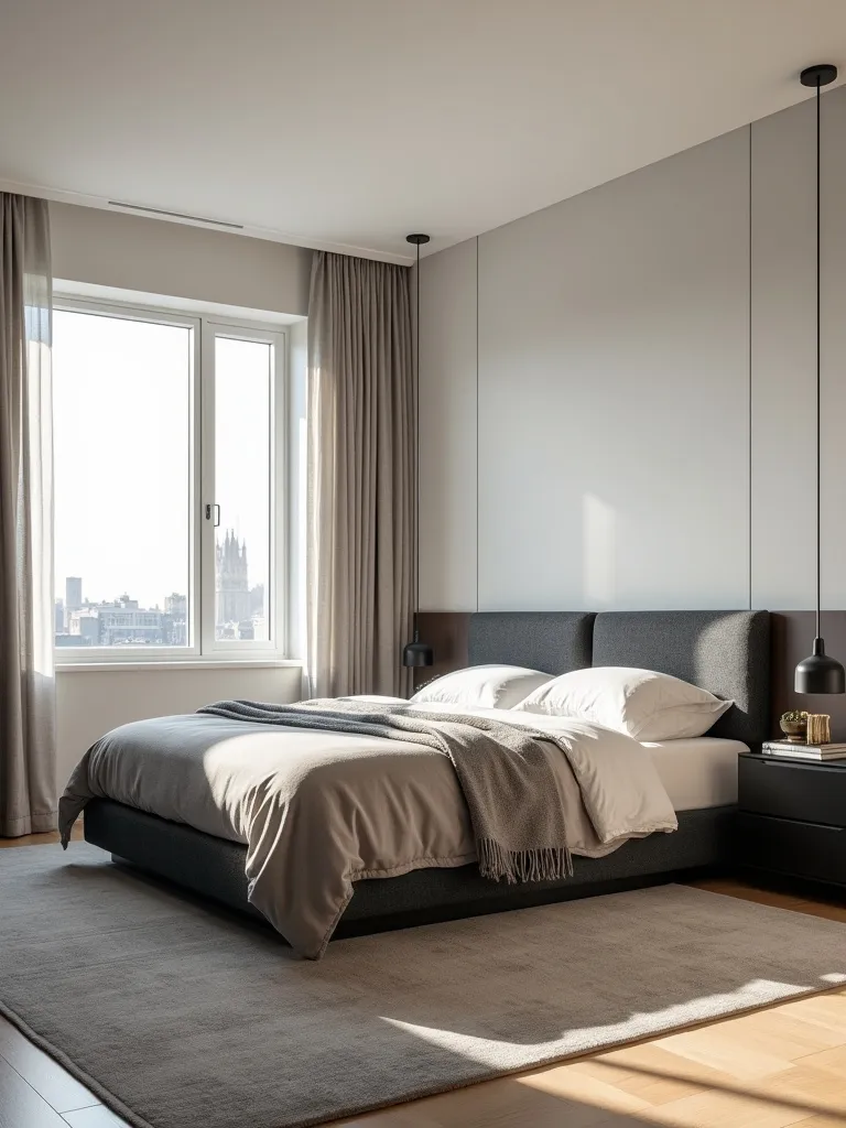 Modern bedroom with a king-sized bed and symmetrical black minimalist nightstands on each side.