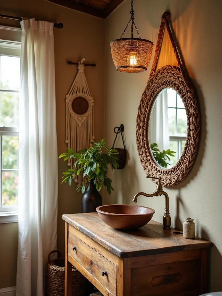 A bohemian bathroom featuring an oval mirror with a rattan frame above a reclaimed wood vanity.