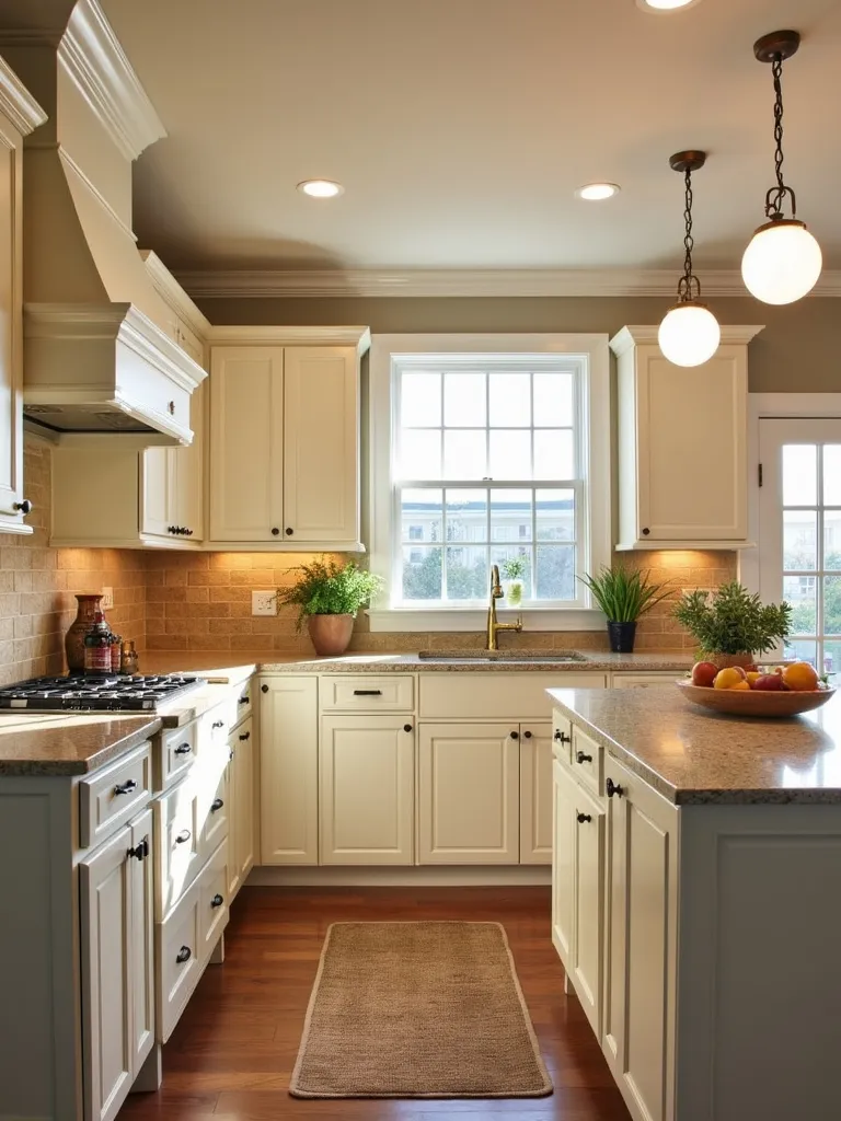 Warm traditional kitchen featuring creamy white shaker cabinets and inviting beige quartz countertops with brass accents.
