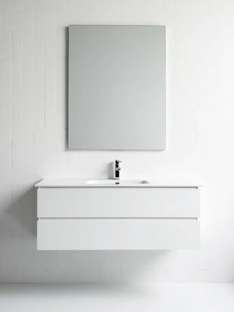 A minimalist bathroom featuring a large rectangular frameless mirror mounted directly to the wall above a white vanity.