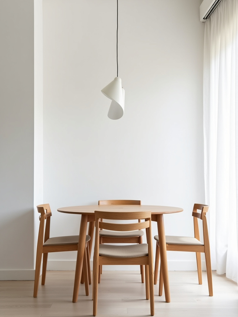 Minimalist small dining room with simple furniture and a clutter-free aesthetic.