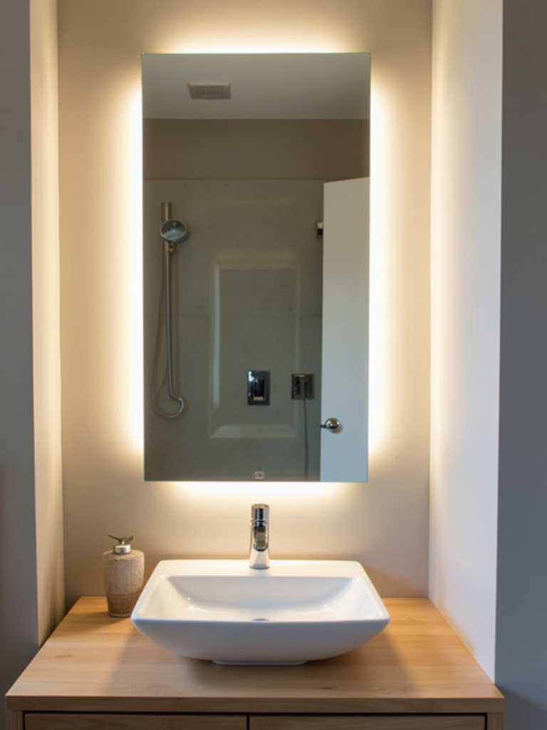 A modern bathroom vanity area featuring a large LED mirror with an integrated defogger, illuminating a white vessel sink and light wood vanity with warm LED light.