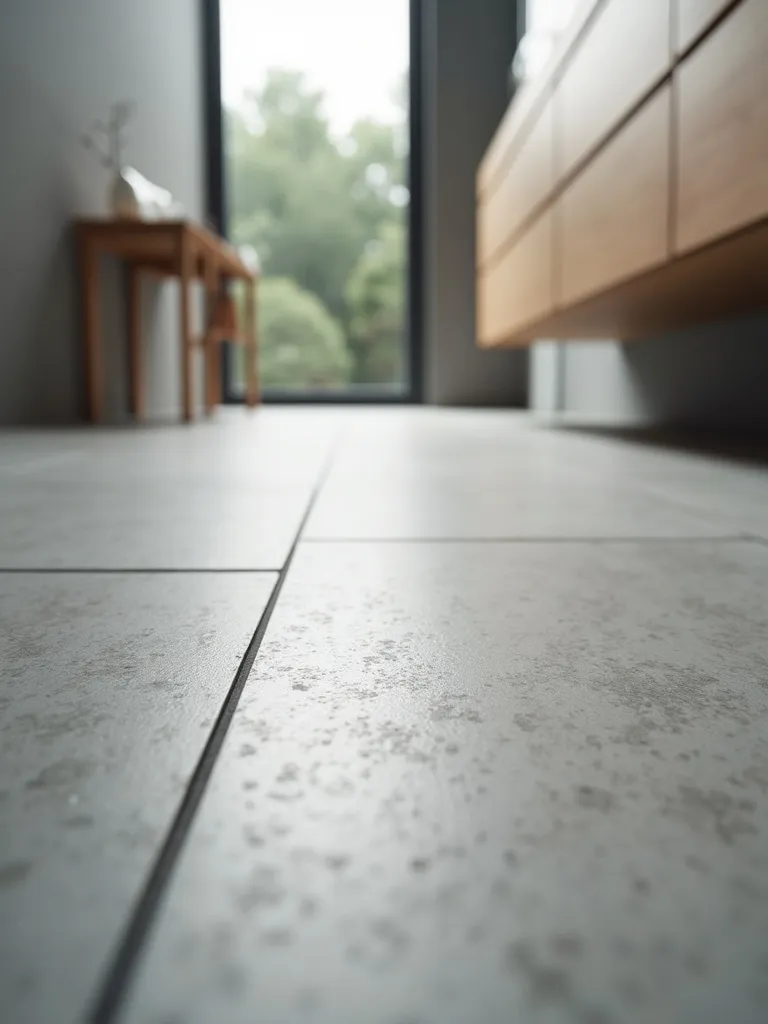 A minimalist bathroom floor with large format gray ceramic tiles.