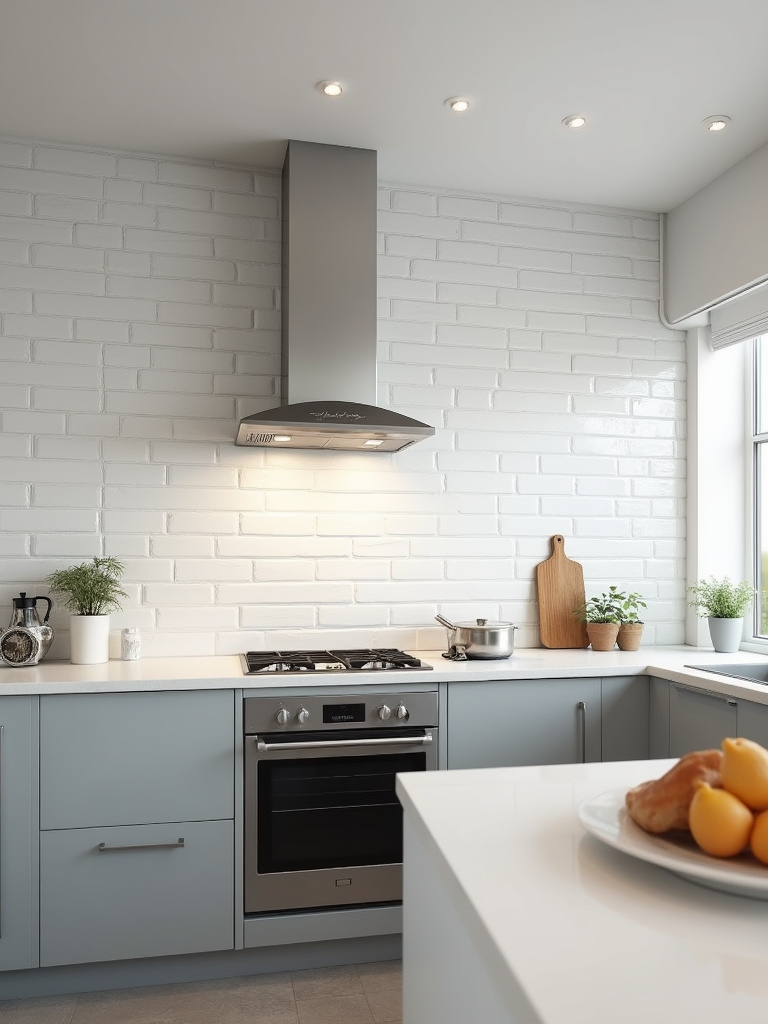 Contemporary kitchen featuring an oversized white rectangular porcelain tile backsplash and light grey cabinets