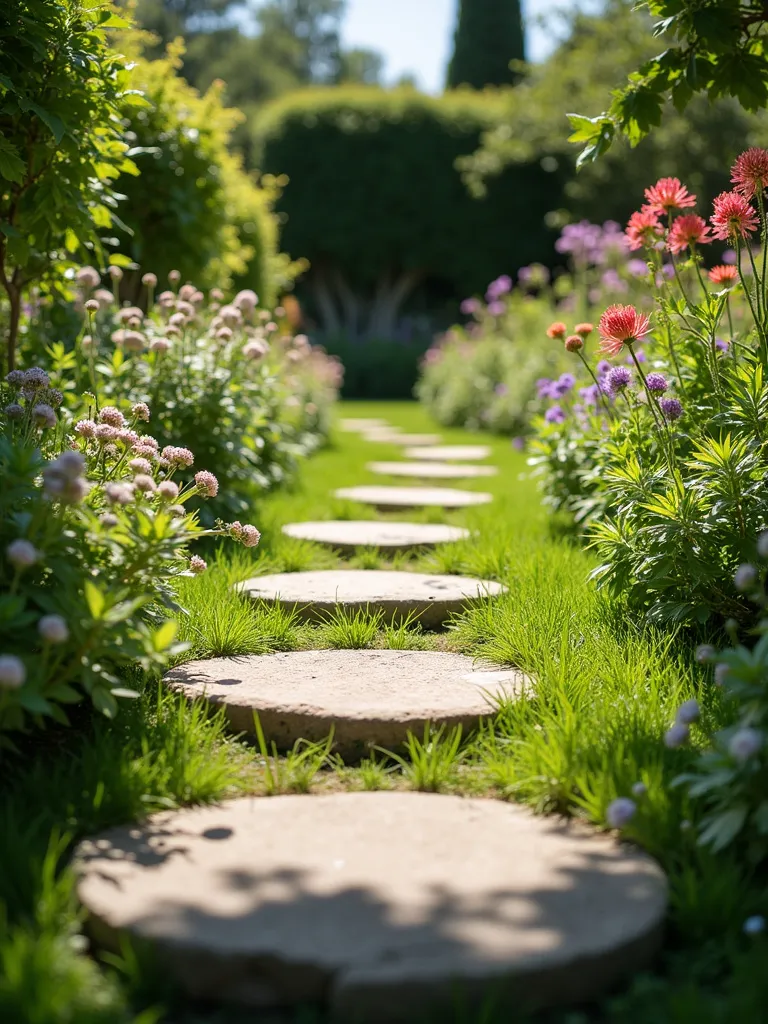 Stepping stone pathway winding through a lush green garden.