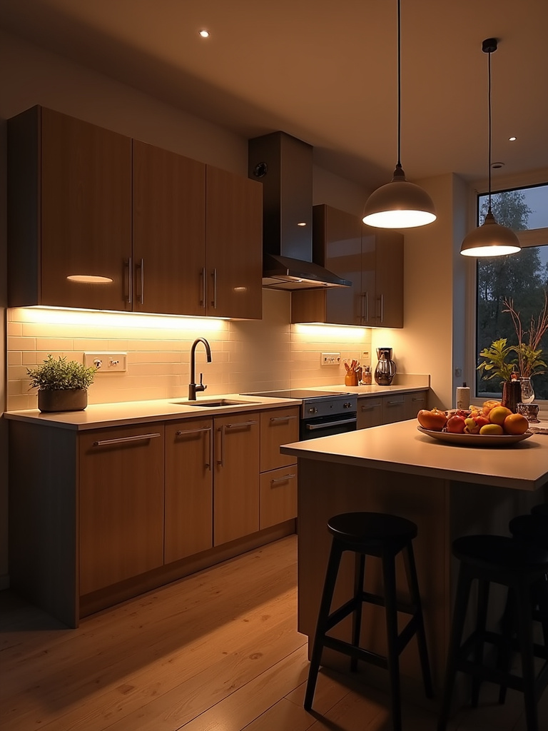 Apartment kitchen with layered lighting, including overhead, under-cabinet, and pendant lights, creating both functionality and ambiance.