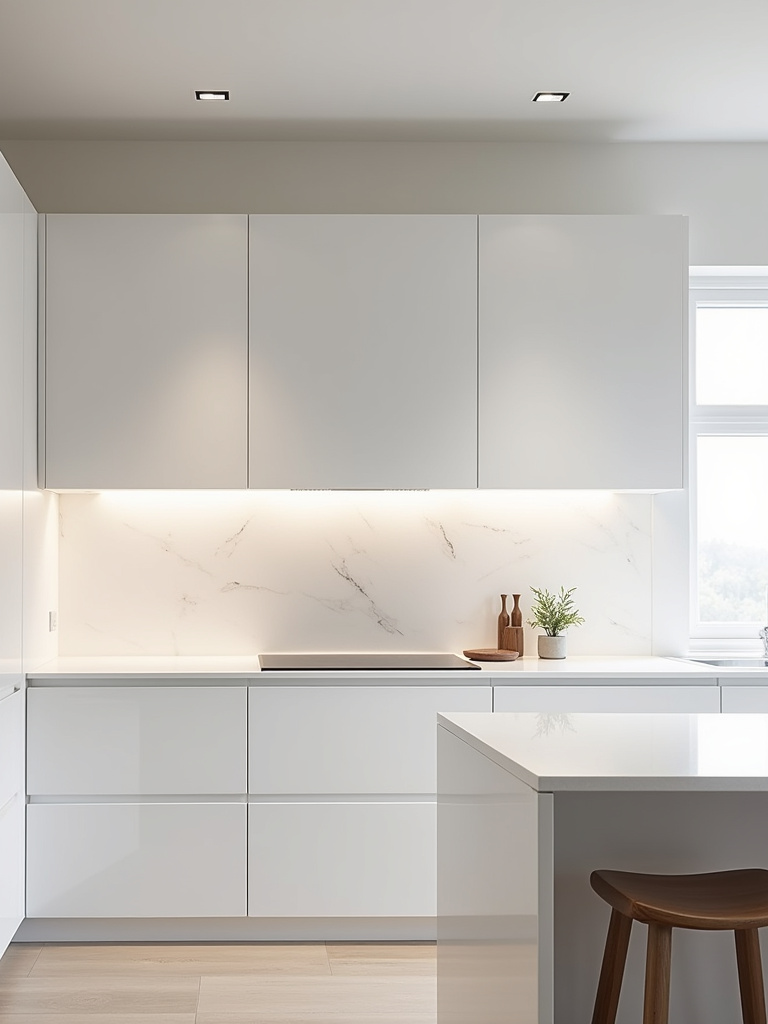 Minimalist kitchen featuring a seamless white quartz backsplash extending from the countertop, creating a clean and uncluttered aesthetic