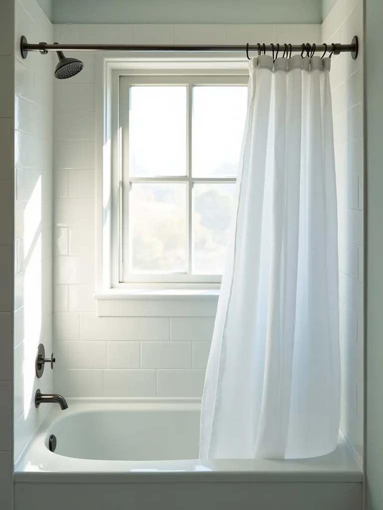 Small, bright bathroom with a clear shower curtain maximizing natural light and creating an open shower area.