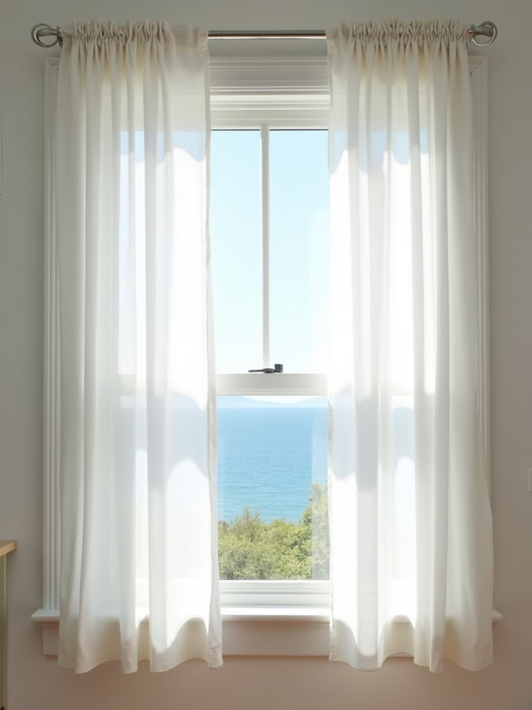 Coastal kitchen window with light and airy white linen curtains.