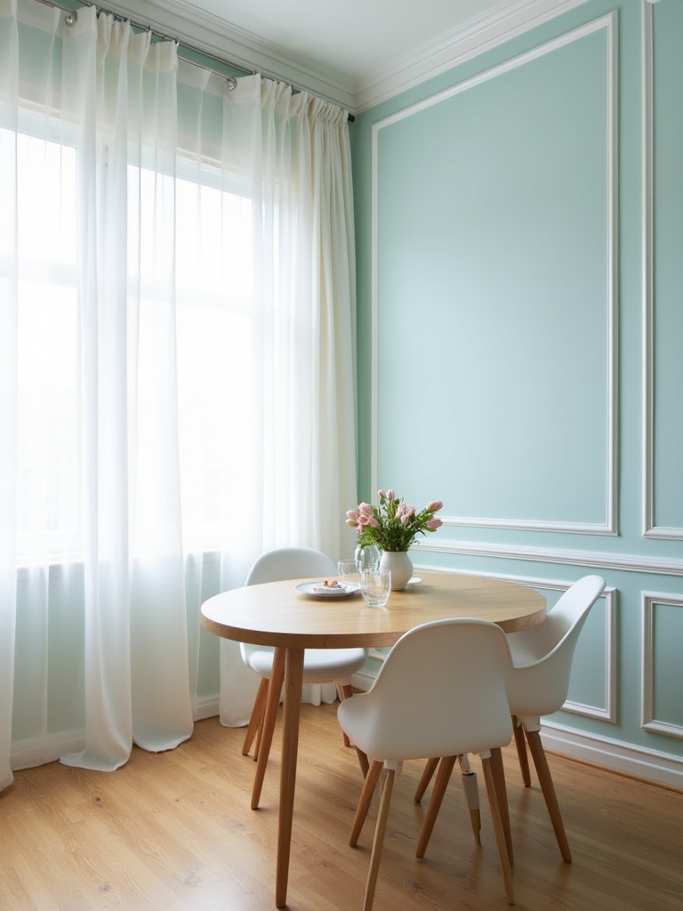 Light and airy small dining room with pale blue walls and natural wood furniture.