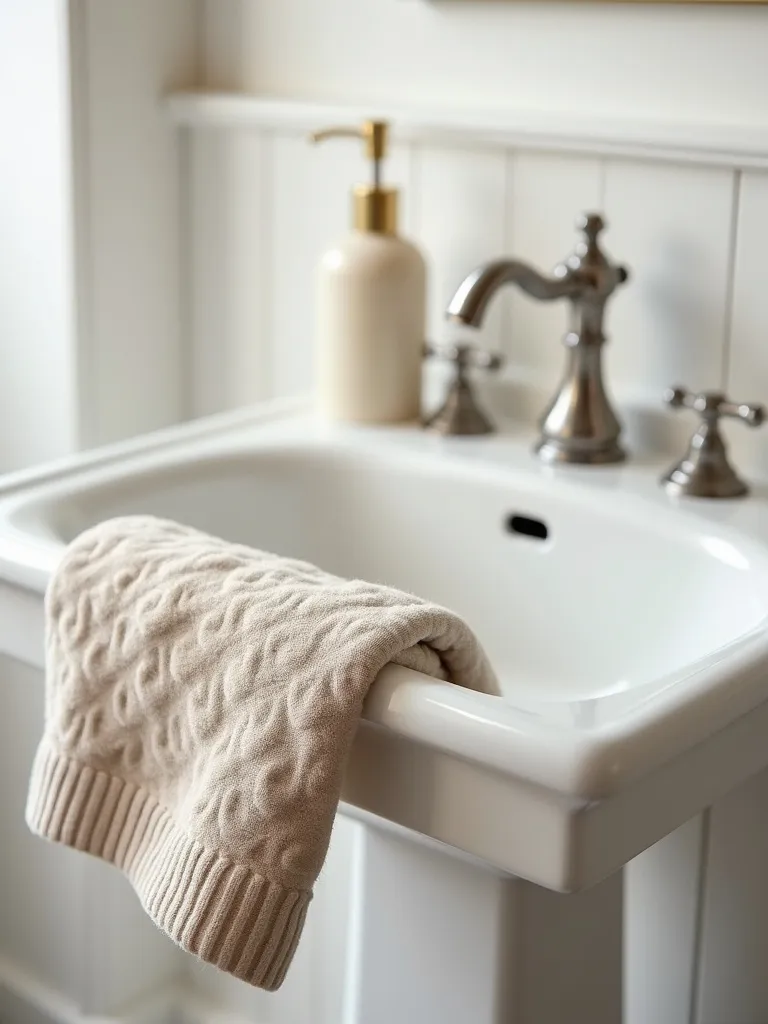 A classic bathroom scene featuring soft beige linen hand towel, delicately draped over a white ceramic sink, showcased in a bright and softly lit space.