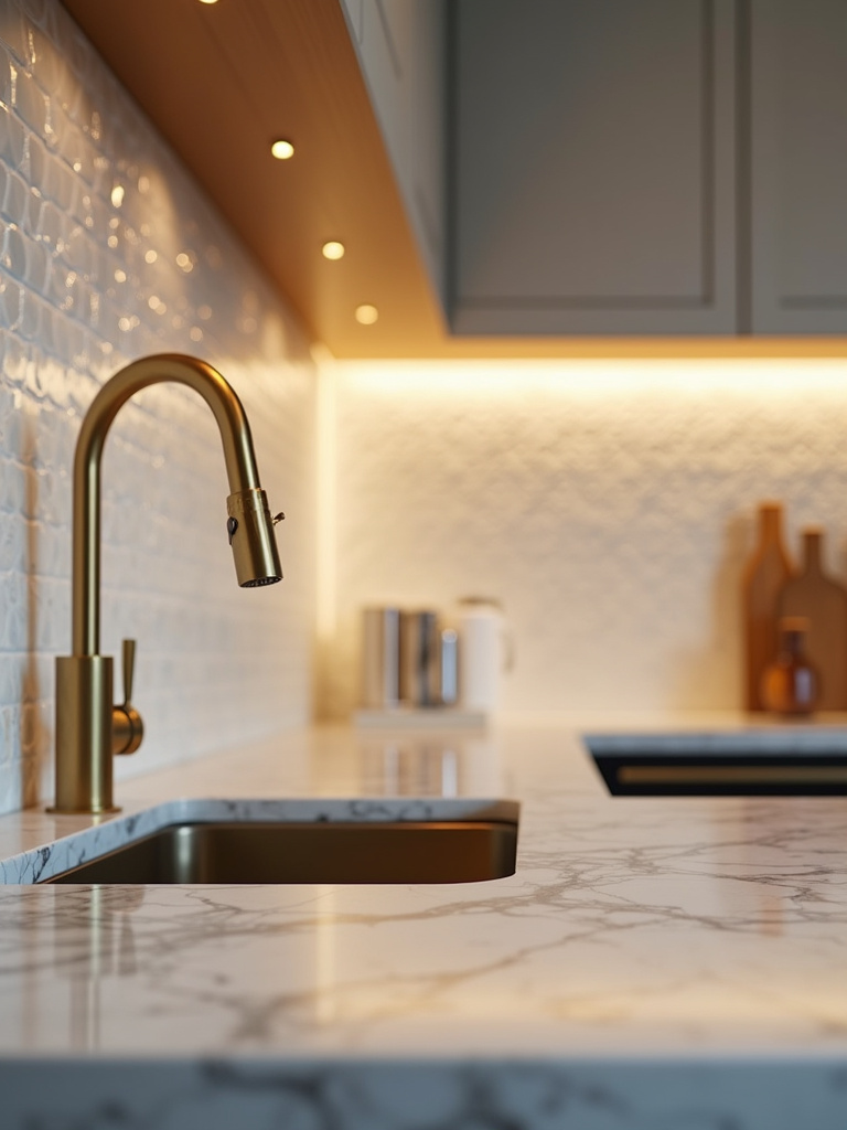 Luxurious kitchen detail featuring a shimmering mother of pearl tile backsplash, gold faucet, and intricately veined marble countertop