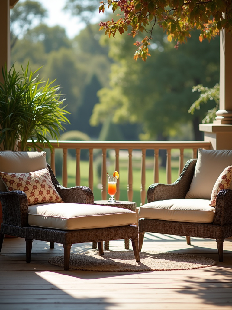 Sunny deck featuring two luxurious outdoor lounge chairs with plush cushions, inviting relaxation and enjoying the garden view.