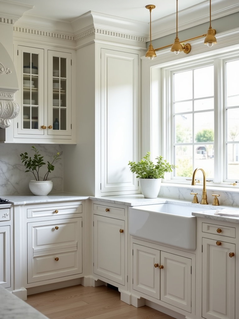 Elegant traditional kitchen featuring white ornate cabinets and luxurious Carrara marble countertops with gold accents.