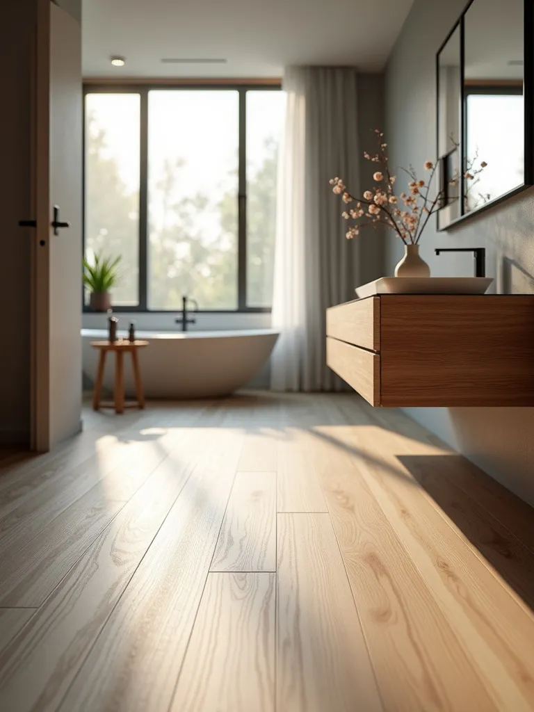 Modern bathroom with light wood-look tile floor, floating vanity, and warm natural light.