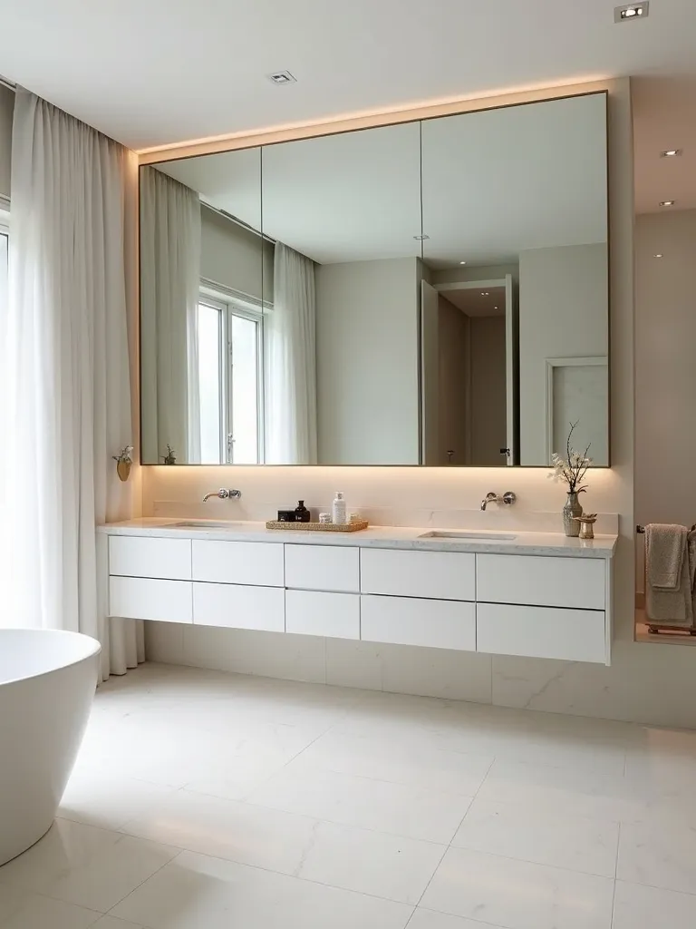 A luxurious modern bathroom featuring an oversized frameless rectangular mirror covering a large portion of the wall above a double vanity.